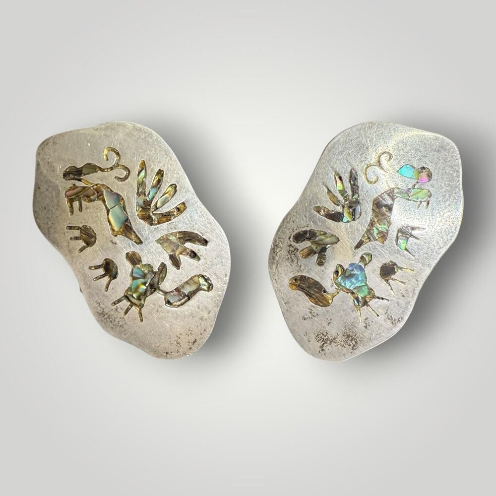 Vintage Mexican Sterling Silver Abalone Shell Earrings RRB 925 Hecho En Mexico - Picture 1 of 10